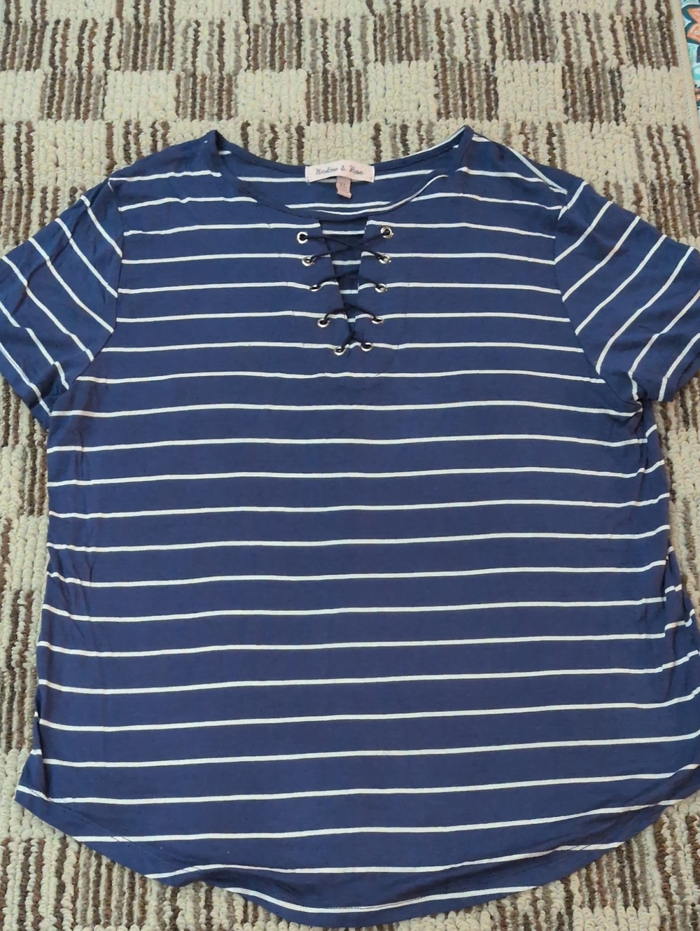 Lace-Up Striped Short Sleeve Tee - Blue & White
